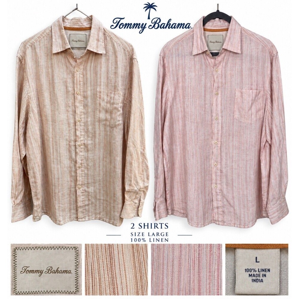 LOT 2 Tommy Bahama Mens Long Sleeve Button Down Shirts 100% Linen Sz L Striped